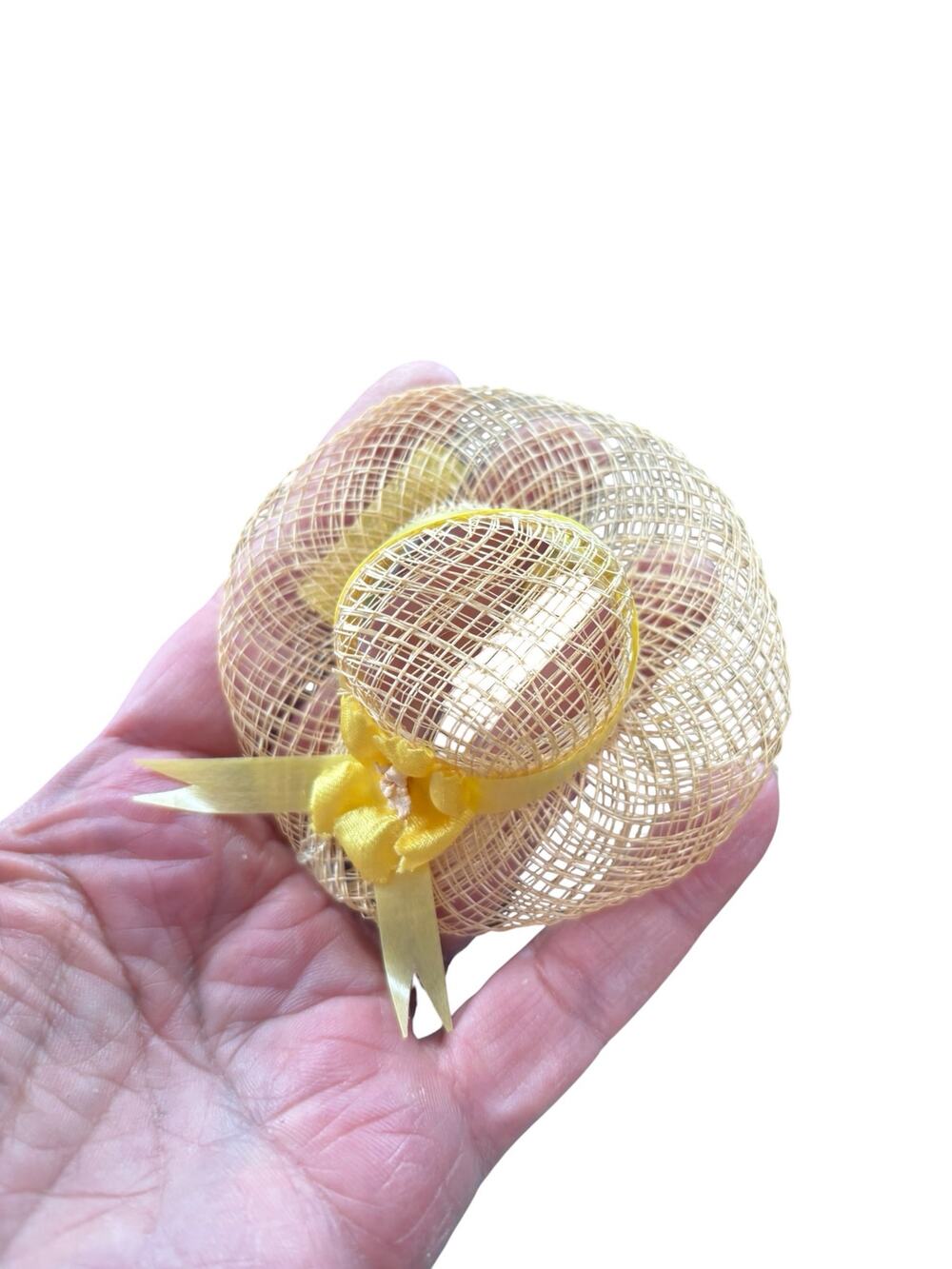 Vintage Mini Straw Hat Brooch Yellow Ribbon Mesh Wide Brim Cottagecore Garden